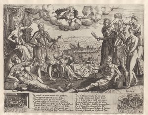Vergelijking tussen Oranje en Alva, met op de achtergrond de Spaanse Furie, ca. 1577