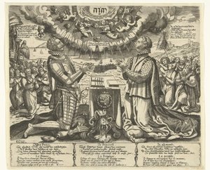 Willem van Oranje en Charlotte van Bourbon knielend in landschap door Theodor de Bry (attributed to)