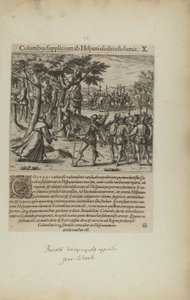 Columbus Supplicium ab Hispanis Seditiosis Sumit. X. (uit boek, Americae, deel vier) door Theodor de Bry