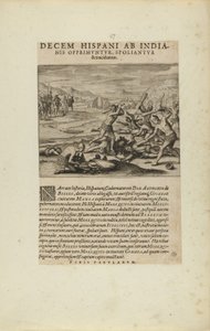 Decem Hispani ab India-/nis Opprimuntur, Spoliantur/and Trucidantur. (uit boek, Americae, delen zeven en acht) door Theodor de Bry