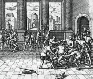 Inca-keizer Atahualpa gewurgd door Pizarro