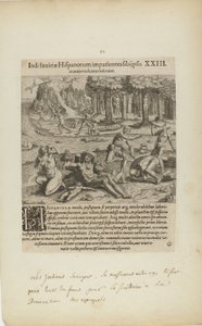 Indisaeuitiae Hispanorum Impatientes Sibi Psis/Manus Violentas Inserunt. XXIII. (uit boek, Americae, deel vier) door Theodor de Bry