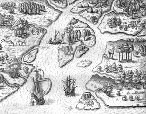 Jean Ribault plaatst een kolom met de wapens van de koning van Frankrijk bij Charlesfort door Theodor de Bry