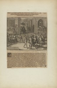 Mercatores Quidam cum Deessent Illis Cibi/Quibus Vescerentur in.... (uit boek, Americae, deel vijf) door Theodor de Bry