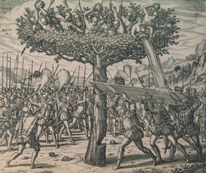 Inboorlingen verbergen zich in de bomen en vechten tegen de veroveraars door Theodor de Bry
