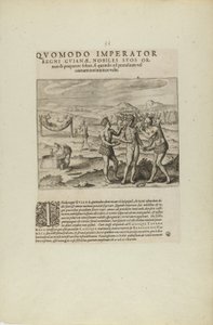 Quomodo Imperator/Regni Guianae, Nobiles Suos Or-/Nare.... (uit boek, Americae, delen zeven en acht) door Theodor de Bry