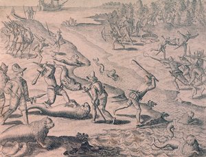 Slachting van zeeleeuwen door ontdekkingsreizigers door Theodor de Bry