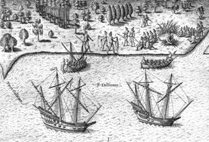 De Fransen landen aan de kust van Florida door Theodor de Bry