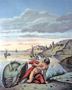Jonas komt uit de buik van de walvis, midden 19e eeuw (illustratie)