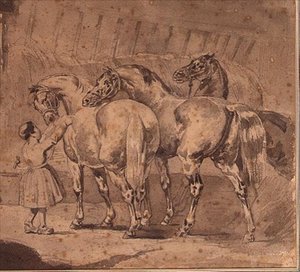 Klein meisje dat paarden voert in een stal door Theodore (attr. to) Gericault