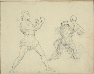 Bokser naar rechts en twee mannen worstelen door Theodore Gericault
