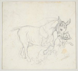 Ezel met hond in zijn bek (voorkant); Studie van een hert dat door honden wordt achtervolgd, kop van een hinde (achterkant) door Theodore Gericault