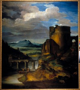Groot landschap van Italië, landschap van ruïnes, toren en brug, door Theodore Gericault (1791-1824) 19e eeuw door Theodore Gericault