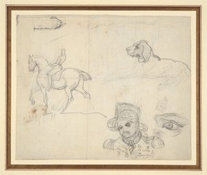 Pagina met schetsen (paard, hond, hoofd van een soldaat) door Theodore Gericault