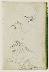 Zittende leeuw, twee studies van leeuwenkoppen door Theodore Gericault