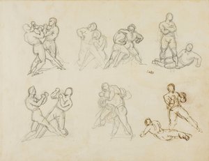 Zeven schetsen van paren boksers door Theodore Gericault