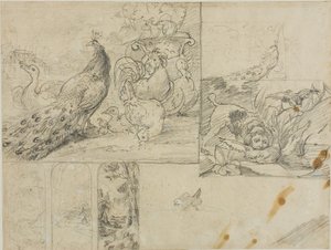 Schetsen van decoratieve landschappen en diercomposities