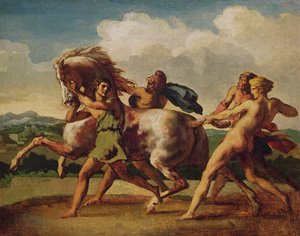 Slaven stoppen een paard, studie voor "De race van de barbaarse paarden", 1817 door Theodore Gericault