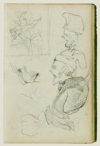 Studies van leeuw, compositorische groepsfiguurstudie, twee karikatuurkopstudies door Theodore Gericault