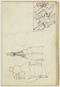 Kwastjes, zittende figuur gezien van achter de stoel, miniatuurstudie van „Charging Chasseur“ door Theodore Gericault