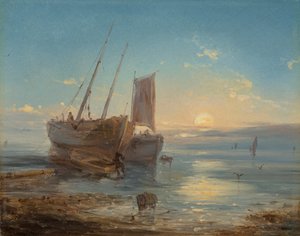 Boten op het strand bij eb door Theodore Gudin