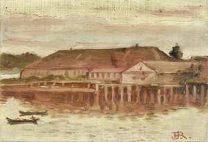 Handelspost en Kadegebouwen, Sitka, Avond, ca. 1880-1914 door Theodore J. Richardson