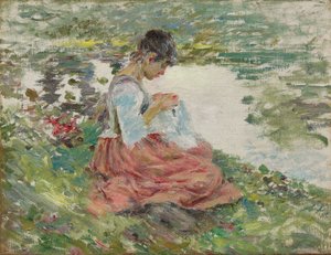 Meisje dat naait bij de rivier, ca. 1891