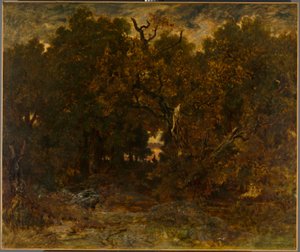 Het verlaten van het bos, Fontainebleau: Ondergaande zon
