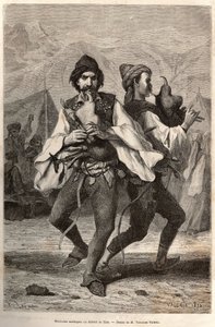 Morlac-muzikanten (of Montenegrijnen) uit het district Zara, gekleed in de lokale klederdracht: wit canvas shirt en over een geborduurd vest, een riem bezaaid met koper en zilver, benen die op de leren schoen vallen, en een soort biniou spelend terwijl ze 