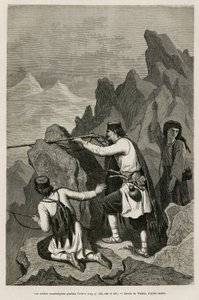 De Montenegrijnse soldaten tijdens de actie, tijdens de Oorlog van 1876, waarbij Servië en Montenegro de oorlog verklaarden aan Ottomaans Turkije, tekening door Valerio, ter illustratie van de reis naar Montenegro in 1874 door Charles Yriarte (1832-1898).  door Theodore Valerio