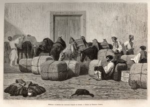 Wanneer Turkse karavanen aankomen bij de douane van Sebenico (Servië), lossen commerciële reizigers de balen van de rug van hun kamelen om de hoeveelheid en aard van de goederen te verifiëren. Gravure naar de tekening van Theodore Valerio, ter illustratie  door Theodore Valerio