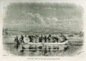 Een boot op de rivier van Hue (Vietnam), tekening door Th. Weber, ter illustratie van het verhaal van acht dagen ambassade in Hue (Koninkrijk Annam), in 1875, door Mr. Brossard de Corbigny, luitenant (N), verbonden aan de missie. Gravure in 