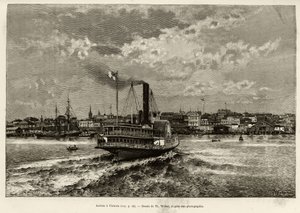 Aankomst in Victoria, Canada. Gravure door Th. Weber, ter illustratie van het verhaal 