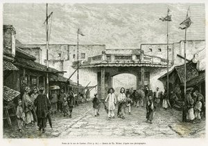Canton Street Gate in Hanoi. Gravure van Th. Weber, naar een foto, ter illustratie van het verhaal Dertig maanden in Tonkin in 1884, door Doctor Hocquard, in de tour du monde 1889, onder leiding van Edouard Charton (1807-1890), Hachette, Parijs. door Theodore Weber