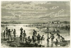 Leven aan de oevers van de Zambeze-rivier, de marutses zijn zeer bezorgd over hun netheid en wassen is voor hen een activiteit van eerste noodzaak. Gravure van Th. Weber, ter illustratie van het verhaal 
