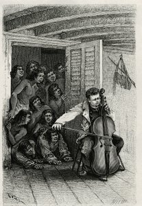 Portret van de reiziger auteur, die cello speelt en een publiek van nieuwsgierigen aantrekt. Gravure door Th.Weber, ter illustratie van het verhaal 