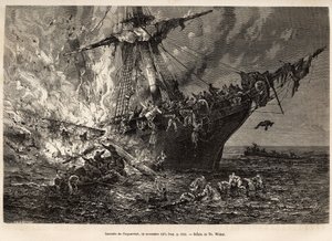 De brand van de Cospatrick, een Brits schip met meer dan 400 emigranten naar Nieuw-Zeeland, op 19 november 1874, gegraveerd naar een tekening van T. Weber, ter illustratie van de studie van stormen en reizen, door Mr. Zurcher en Mr. Margolle, in 1870-1874, door Theodore Weber