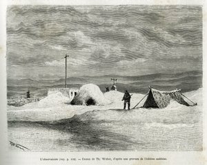 Het meteorologisch observatorium werd geïnstalleerd aan de baai van Koljutschin (poolcirkel), terwijl het schip La Vega vastzat in het ijs en de bemanning zich voorbereidde op de overwintering. Gravure door Th. Weber, ter illustratie van het verhaal 