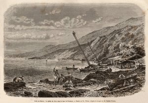 Tonijnvissen in de Proelucca-baai (Golf van Fiume of Rijeka, Istrië), de uitkijk van de visbanken zit op hoge schalen en vertelt de vissers van hun team of gooit hun netten langs de kust. Gravure naar de tekening van T. Weber, ter illustratie van een verha door Theodore Weber