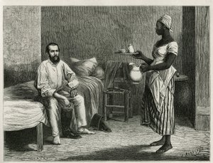 Portret van de auteur en reiziger, bij het ontwaken, bediend met koffie in zijn kamer door een jonge Haïtiaanse vrouw, gravure door T. Wust, illustratie van het verhaal La republique d