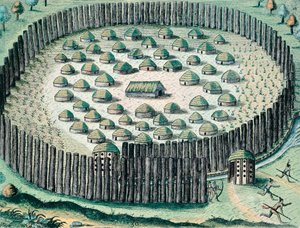 Een Versterkt Indiaans dorp, Illustratie uit The Discourse of Florida door Theodore de Bry (gravure)