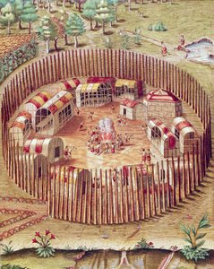 Een versterkt dorp van de Pomeiok-indianen door Theodore de Bry