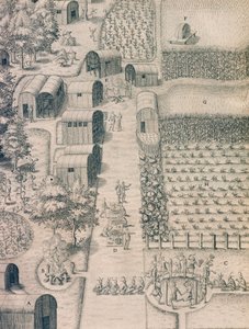 Een inheems Indiaans dorp omringd door gecultiveerd land in Virginia door Theodore de Bry