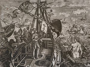 Allegorie van de reis van Christoffel Columbus naar de ontdekking van de Nieuwe Wereld, gravure door Theodor de Bry door Theodore de Bry