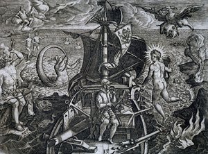 Allegorie van de reizen van Ferdinand Magellan, gravure door Theodore de Bry