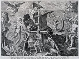 Allegorie op de reizen van Ferdinand Magellaan (1480-1521) door Theodore de Bry