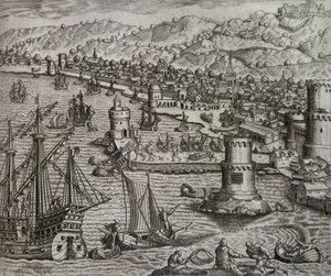 Aankomst van Girolamo Benzoni in de haven van Las Palmas tijdens zijn reis naar Amerika, Canarische Eilanden, gravure door Theodor de Bry