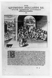 Aankomst van de Nederlandse leiders in Guinee: De onderhandeling voor de aankoop van slaven bestemd om terug te worden verkocht aan de Spaanse conquistadores, uit "Petits Voyages" door Theodore de Bry