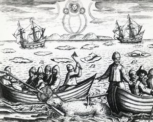 Aurora borealis en ijsberenjacht tijdens de derde expeditie geleid door Willem Barentsz in 1596, gravure door Theodore de Bry