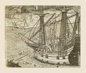 Bartolomeo Diaz hangt enkele Indianen op aan een karveel, gravure door Theodor de Bry (1528-1598) uit Americae pars quarta, sive, Insignis et admiranda historia de reperta primum Occidentali India Christophoro Columbo, door Girolamo Benzoni